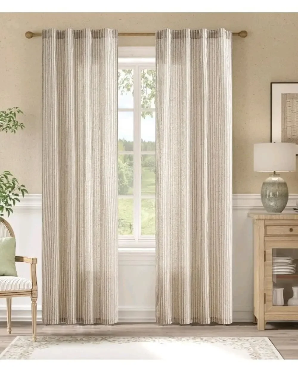 Linen Curtains 84 Inch Taupe Grey Stripe on Beige Back Tab 2 Panels